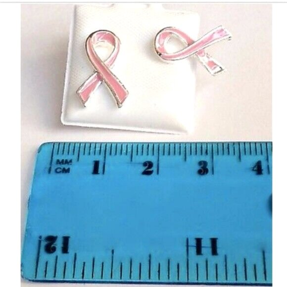 Pink Ribbon Earrings Breast Cancer Awareness Month Post Stud Silver Plated - Picture 6 of 6